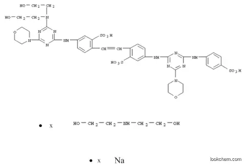 Molecular Structure of 93804-40-1 (Benzenesulfonic acid, 2-[2-[4-[[4-[bis(2-hydroxyethyl)amino]-6-(4-morpholinyl)-1,3,5-triazin-2-yl]amino]-2-sulfophenyl]ethenyl]-5-[[4-(4-morpholinyl)-6-[(4-sulfophenyl)amino]-1,3,5-triazin-2-yl]amino]-, sodium salt, compd. with 2,2'-iminobis[ethanol] (9CI))